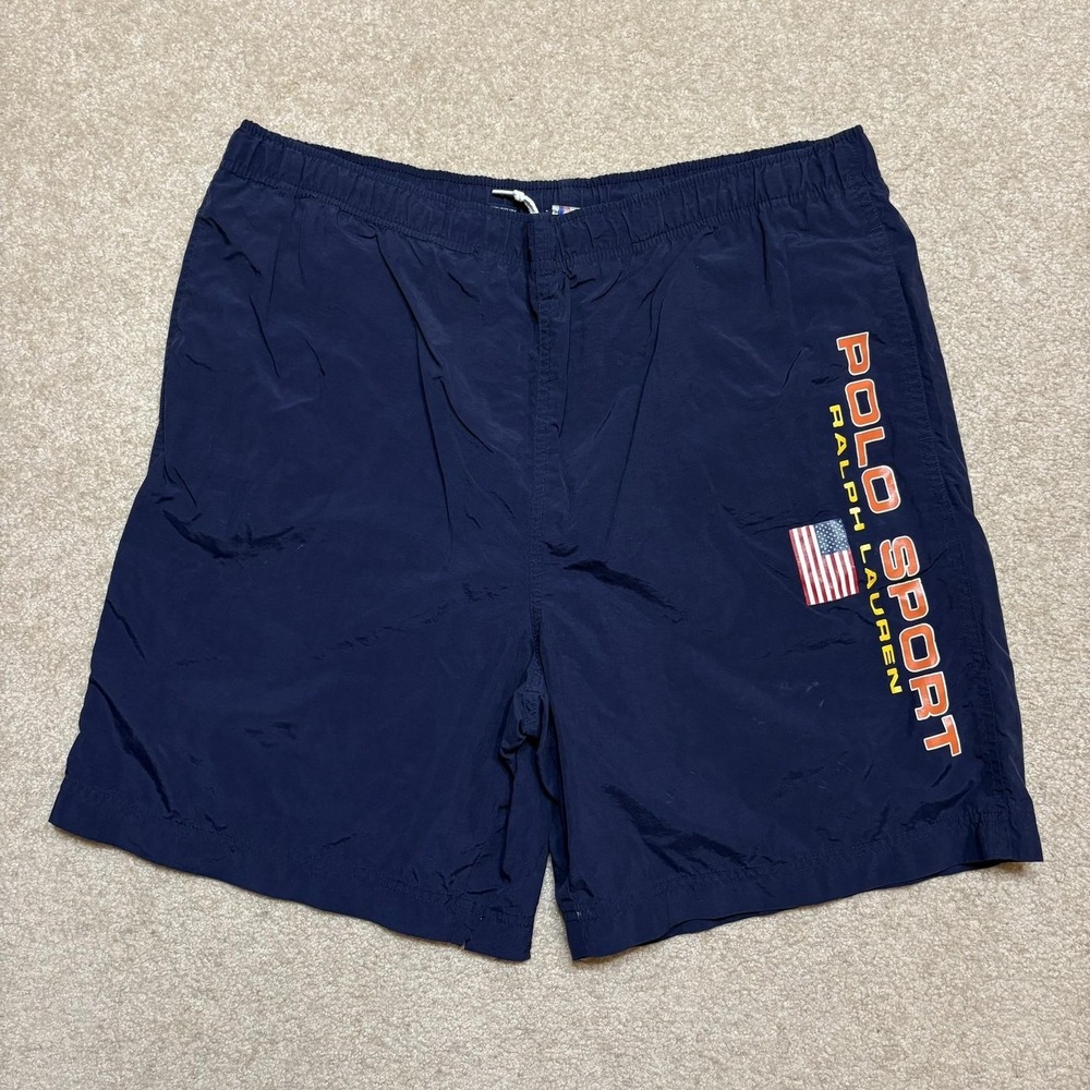 Vtg 90s Polo Sport Ralph Lauren Swim Shorts Mens Large Blue USA Flag Trunks